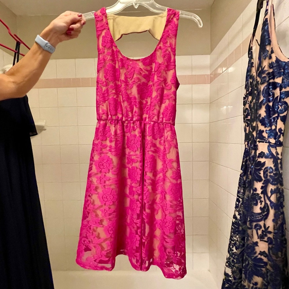 Trac, size small pink lace mini dress, used in good condition